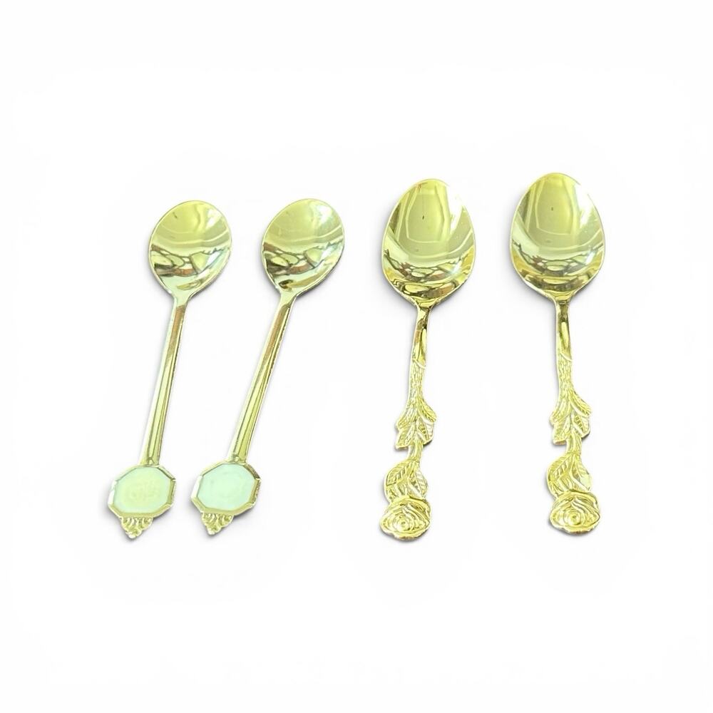 Lot of 4 Demitasse Spoons 4 3/8" Gold Plated Rose Handle Stainless Steel Japan